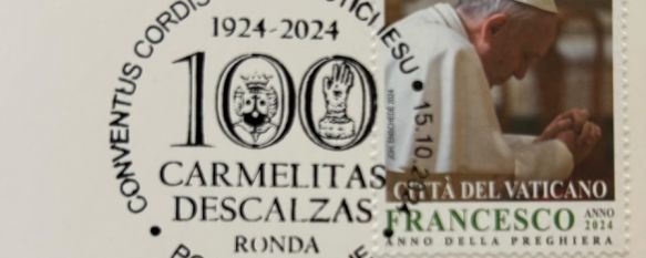 El Vaticano dedica un matasellos al Centenario de las Carmelitas Descalzas en Ronda, El diseño está compuesto por el logotipo del aniversario y la inscripción “Convento del Corazón Eucarístico de Jesús – Oficinas Postales Vaticanas - 15.10.2024”, 15 Oct 2024 - 08:29